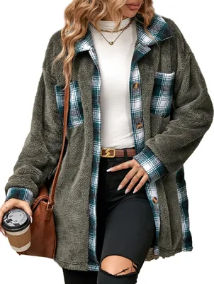 Produktbild von ASKSA Damen Fleecejacke Karierte Wolljacke Oversized Teddyfleece Winterjacke Winte Basic Warme Jacken mit Taschen (Grau,XL)