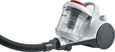 A white and gray canister vacuum cleaner with a red accent is shown from the side, connected to a black hose.