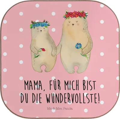 Produktbild von Mr. & Mrs. Panda Untersetzer für Gläser Bären mit Blumenkranz - Rot Pastell - Geschenk, Familie, Flaschenuntersetzer, Tischuntersetzer, Bär, gläseruntersetzer, Muttertag