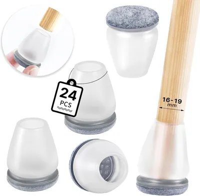 Produktbild von Stuhlzubehör RCHYFEED Stuhlbein-Schutzkappen, 24 Stück transparente Stuhlbeinkappen mit grauem Filz für gerade und abgewinkelte Stuhlbeine, Stuhlbeins