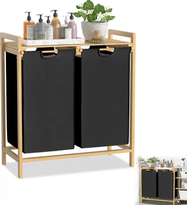 Image de UISEBRT Trieur à linge en bambou Panier à linge avec étagères - Collecteur de linge avec 2 sacs à linge noirs amovibles, idéal pour la chambre à coucher & la buanderie