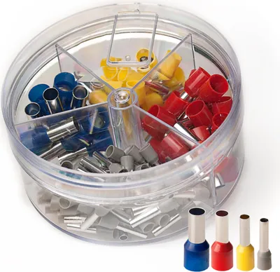 Produktbild von Aderendhülsen isoliert unisoliert blank 0,34-16 mm² Sortiment Box Dose Kabel - Bauform / Art: Set iso. einadrig 4-16 mm² - Querschnitt: 4-16 mm² - Menge: Gesamt 100 Stk