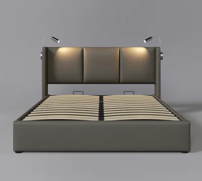 Produktbild von Flieks Polsterbett 140x200cm mit Lattenrost, Boxspringbett mit Leselichte und Ladefunktion, Doppelbett Stauraumbett Funktionsbett, Grau