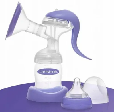 A manual breast pump with a bottle and nipple.