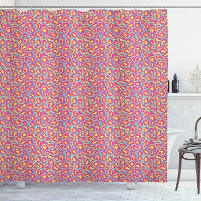 Image de Rideau de douche ABAKUHAUS Leopard, imprimé audacieux de taches de couleurs vives sur un fond aux tons froids, 175 x 180 cm, moutarde rose