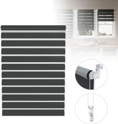 A collage showing a close-up of a roller blind and a scene of a kitchen with roller blinds on the windows.