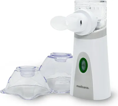 A white medisana inhaler with two clear plastic accessories is shown against a white background.