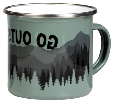 Produktbild von Emaille Tasse mit Go Outside Motiv in Graugrün, 300ml, bruchfest und leicht, für Outdoor