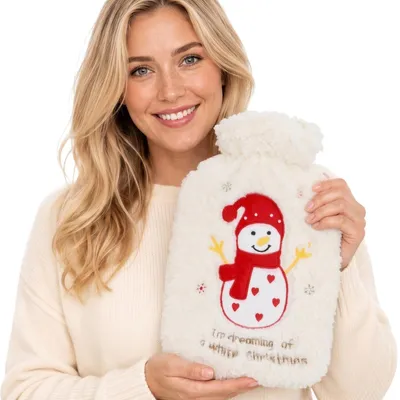 Productafbeelding van Warmwaterfles van 1,75 liter met Sherpa-hoes, sneeuwpopmotief, wit, 33 x 21 cm