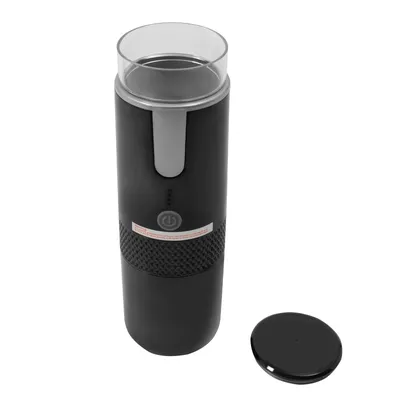 A black electric coffee grinder with a clear lid and a separate black lid on a white background.