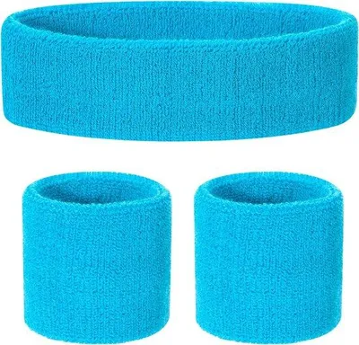 Productafbeelding van Unyqoos® Set van 3 kinderzweetbanden (1 hoofdband + 2 polsbanden), gemaakt van 80% katoen / 12% Elasthan / 8% nylon, afmetingen ongeveer 16 cm x 5 cm / 5,8 cm x 5,8 cm, geschikt voor kinderen van 2-8 jaar, verkrijgbaar in diverse kleuren