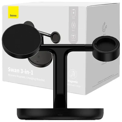 Produktbild von Baseus Schwan Induktives Ladegerät (Magsafe Kompatibel) Stand Für Iphone, Apple Watch, Airpods + Usb-C Kabel 1M Schwarz (Wxte000101)
