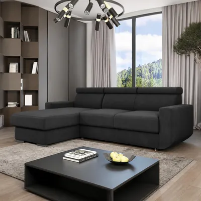 Produktbild von GOLDSTOFF HUGO Ecksofa mit Schlaffunktion und Staurum | L-Form Schlafsofa mit Kopfstützen & Relaxfunktion | Schlafsofa (Schwarz )