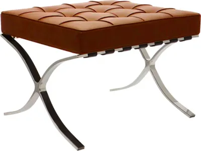 A brown leather ottoman with a chrome base on a white background.