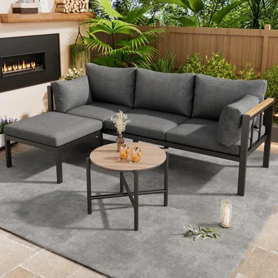 Produktbild von Eckgarnitur – Gartenmöbel-Set mit Sofa, Couchtisch & Fußhocker, verzinktes Stahlrohr, Glastischplatte, für Garten & Poolbereich, Grau