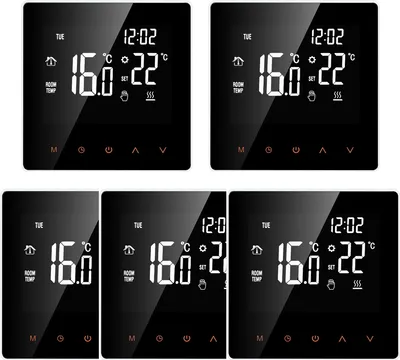 A collage of five digital thermostats displaying temperature and time.