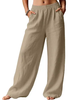 Produktbild von ASKSA Damen Sommer Hose Casual Strandhose Weite Bein Freizeithose Elegant Einfarbig Sommerhose Leichte Leinen Stoffhose mit Taschen (Khaki,XXL)