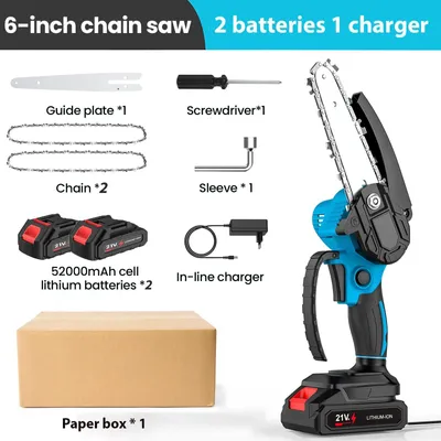 Obrázok produktu pre Mini akumulátorová reťazová píla - 15 cm (6 palcov) - 800 W - Kompaktná, vhodná na rezanie konárov - Na rezanie dreva - S 2 batériami