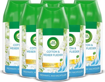 Produktbild von Air Wick Freshmatic Max Raumspray – Nachfüller für den Air Wick Freshmatic Max – Duft: Baumwolle und Weißer Flieder – 6 x 250 ml Nachfüller