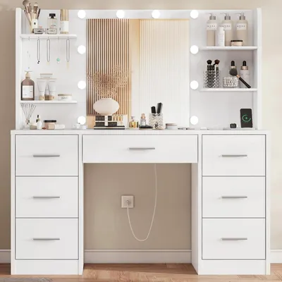 Immagine prodotto di Comò da trucco con illuminazione a LED, specchio, prese di corrente, 7 cassetti, colore bianco