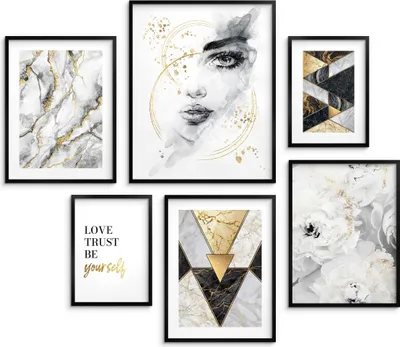 Immagine prodotto di Poster da parete per soggiorno XXL - set di 6 poster glamour, astrazione dorata