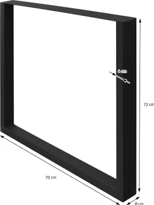 A black metal table leg frame with dimensions indicated.