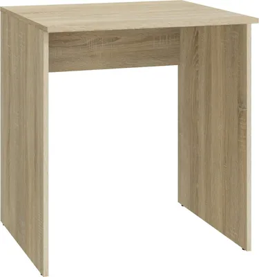 A simple, light brown wooden desk against a white background.