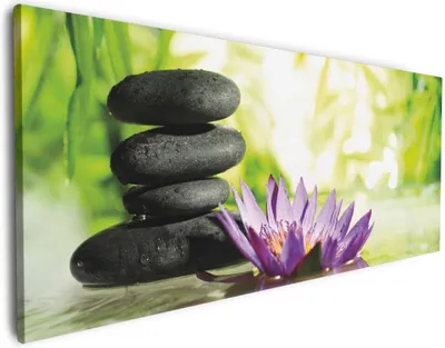 Produktbild von Wallario Premium Leinwandbild Steinstapel in schwarz mit Blumenblüte in lila in Größe 80 x 200 cm