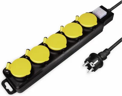 A black power strip with five yellow covered outlets and a black plug is shown on a white background.