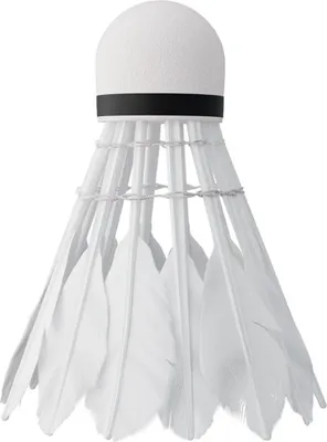 A single white badminton shuttlecock with a black band around its base, isolated on a white background.