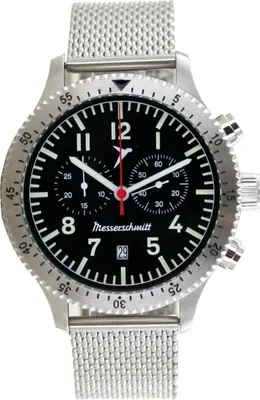 A close-up studio shot of a men's chronograph watch with a black dial and a silver mesh strap.