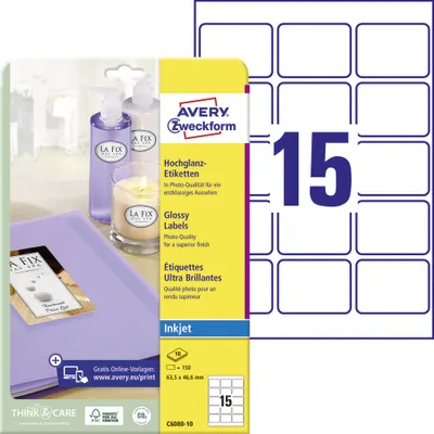 Produktbild von Avery Zweckform C6080-10 Hochglanz-Etiketten, A4, 63,5 x 46,6 mm, 10 Bogen/150 Etiketten, weiß