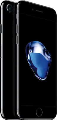 A black iPhone 7 is shown from a diagonal angle against a black background.