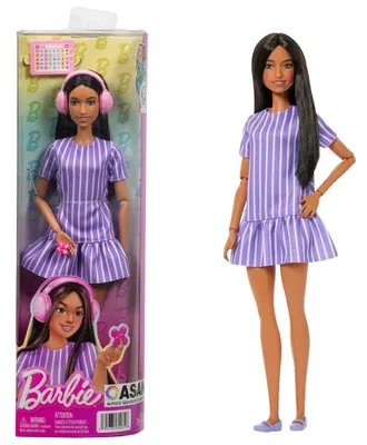 Produktbild von Barbie Fashionistas Puppe Nr. 245 in violett gestreiftem Kleid, autistische mit Accessoires, Modepuppe, Weiblich, 3 Jahr(e), Junge/Mädchen, 298 mm, Mehrfarbig