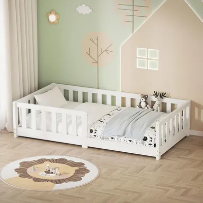 Immagine prodotto di ML-Design letto per bambini 80x160 cm bianco Letto da terra per bambini con rete a doghe e protezione anticaduta Letto per ragazzi in legno di pino massiccio Struttura del letto Letto per bambini