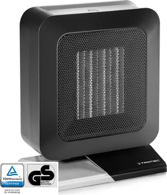 Produktbild von TROTEC Keramik-Heizlüfter TFC 13 E in coolem schwarz/weiß mit 2 Heizstufen bis zu 1.400 Watt und Ventilatorfunktion. Besonders sicher durch den integrierten Kipp-Abschalter.