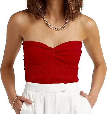 Image de ASKSA Femme Tube Top Y2K Côtelé Knit Tops Twist Knot Bustier Sans Bretelles Hauts Sans Manches, Rouge, 3XL