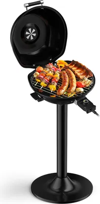 Image de COSTWAY Gril électrique 1600W indépendant, Gril sur pied avec plaque de cuisson 2 zones, Gril BBQ électrique 93°C-219°C avec pied & revêtement antiadhésif