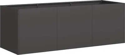 A dark gray, rectangular planter box with three doors is shown against a light gray background.