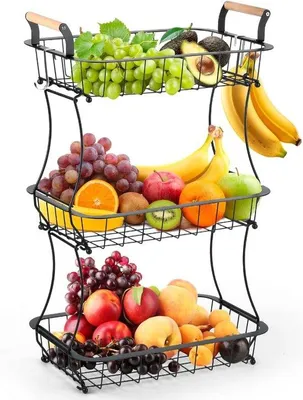 Produktbild von Obstakel mit 3 Etagen, Metall, schwarz, für Gemüse und Obst, Etagere mit Griff, Obst-Etagere, Obstlagerung, mehrere Etagen, für Obst, Snacks zu Hause, Küche, Büro, mit