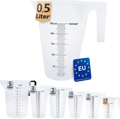 KONZEPT Messbecher 0,5 Liter, Verschiedene Größen zur Wahl, Ideal für Küche, Garten, Werkstatt, Transparent, Robuster Kunststoff, Stapelbarer Litermaß