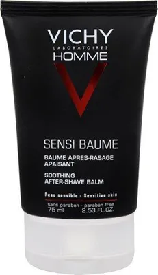 A black tube of Vichy Homme Sensi Baume Soothing After-Shave Balm.