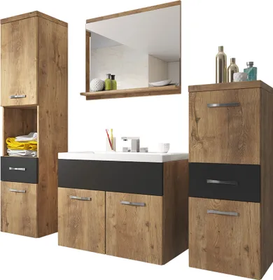 Produktbild von MIRJAN24 Badmöbel-Set Alba, Badezimmer-Set mit Spiegel und Waschbecken (Farbe: Kastanien Breslau / Kastanien Breslau + Schwarzer Graphit, mit Siphon)