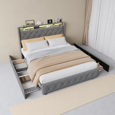 Obrázek produktu pro Čalouněná postel ProximaX 140 × 200 cm s USB/Type-C nabíjecí stanicí, dvojlůžko pro mládež se 4 zásuvkami, postel s úložným prostorem z masivního dřeva s LED osvětlením a roštem, sametová, šedá