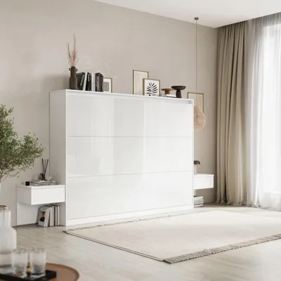 Produktbild von SMARTBett Set 140-Schrankbett Horizontal CLASSIC mit 2 Nachtkonsolen Weiss Hochglanz