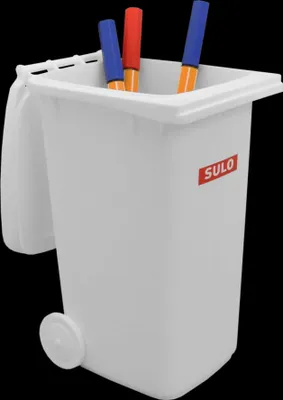 A white mini trash can with three markers inside.