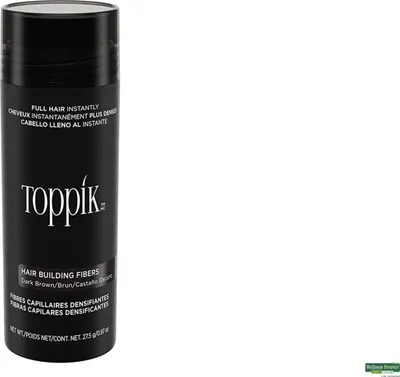 A black bottle of Toppik Hair Building Fibers in Dark Brown is shown against a white background.