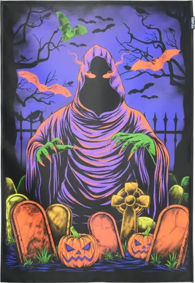 Produktbild von PSYWORK Schwarzlicht Stoffposter Neon Chromadepth "3D Halloween Graveyard", 60x90cm