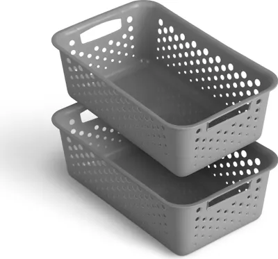 Two gray storage baskets are stacked on top of each other against a white background.
