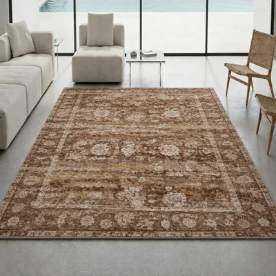 Image de Tapis de design marron avec un motif floral vintage et un aspect imprimé. Dimensions : 160 x 220 cm